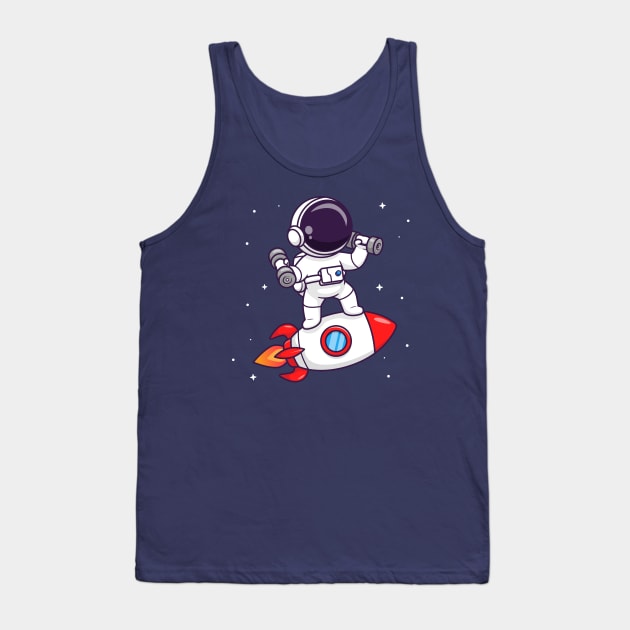 Cute Astronaut Lifting Dumbbell On Rocket Cartoon Tank Top by Catalyst Labs